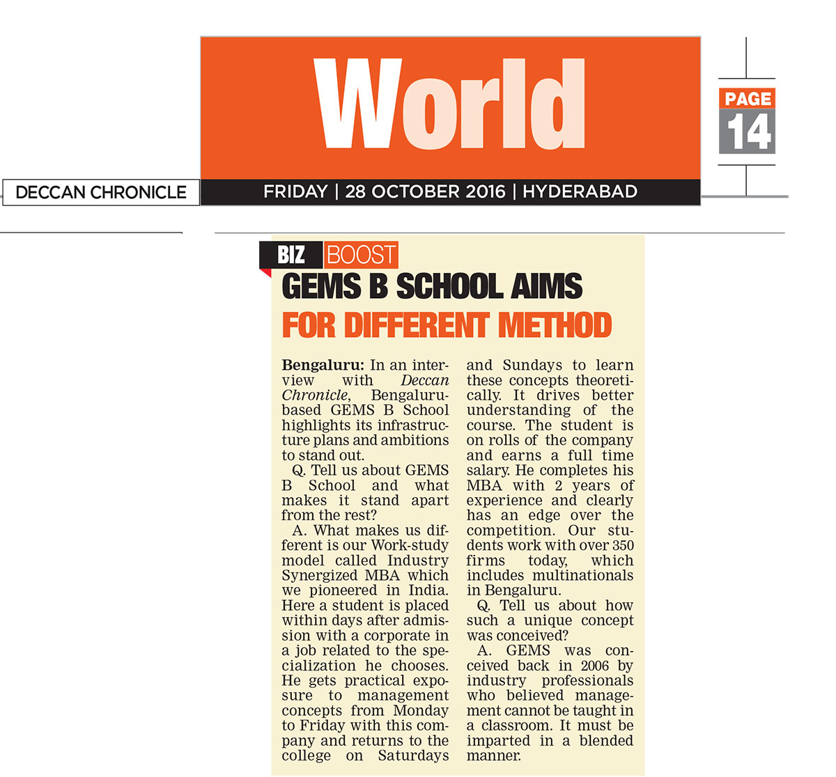 GEMS B School Aims for Different Method